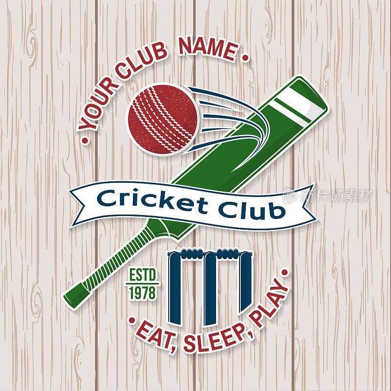 Cricket club patch or sticker. Vector. Concept for shirt, print, stamp or tee. Vintage typography design with bat , wicket, bail and cricket ball silhouette. Templates for sports club.